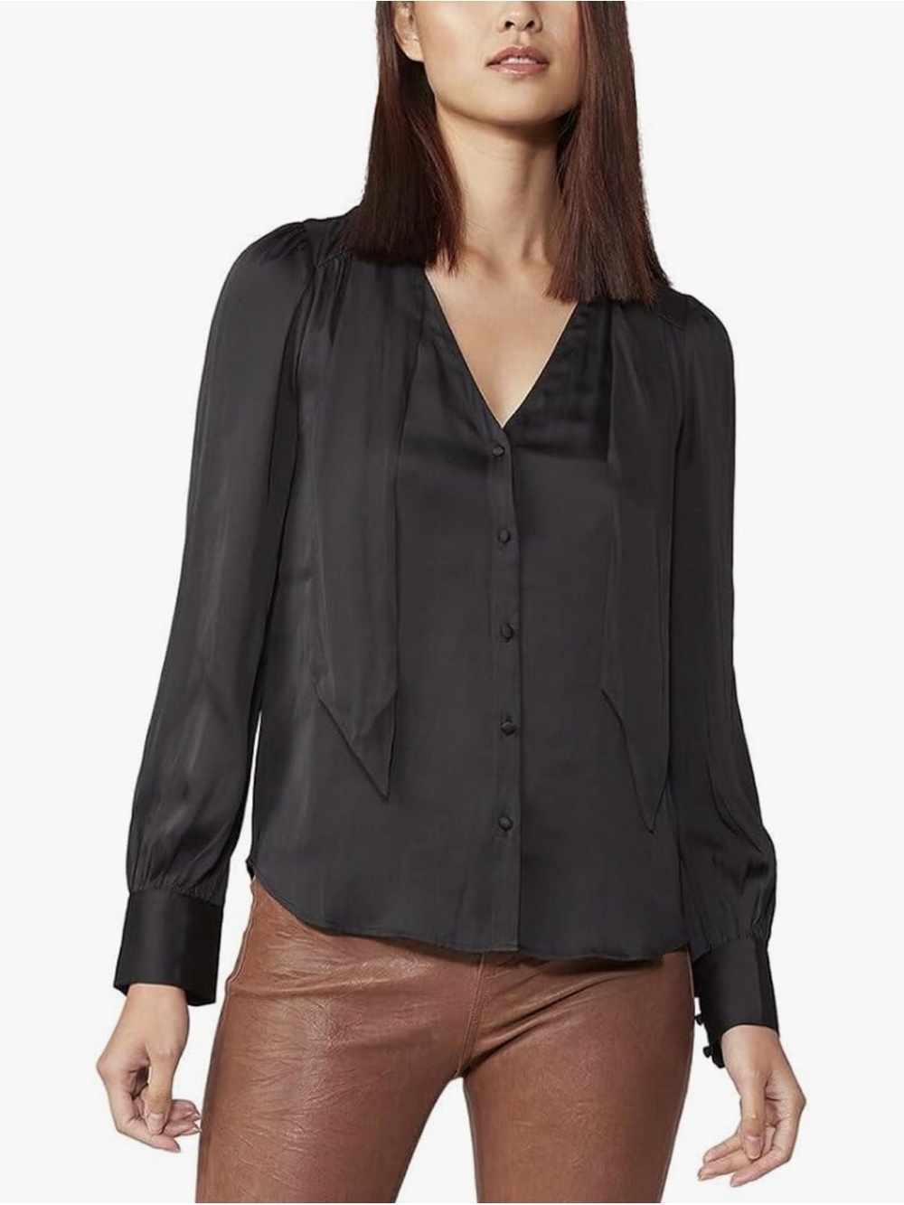 Paige Cleobelle Long Sleeve Tie Neck Blouse Grey Shiny Womens Size XL